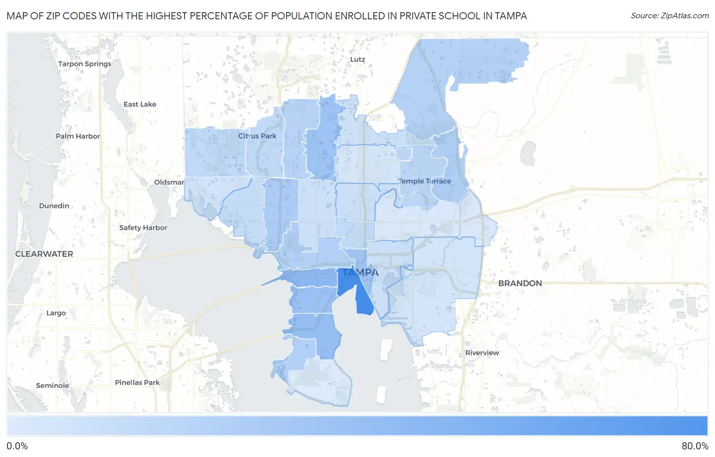Zip Codes with the Highest Percentage of Population Enrolled in Private School in Tampa Map