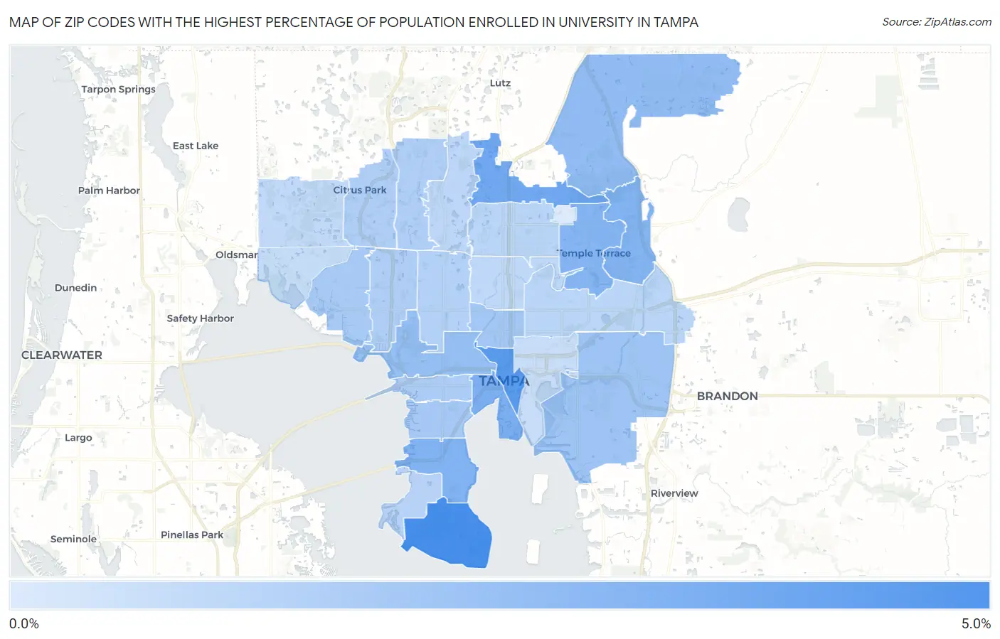 Zip Codes with the Highest Percentage of Population Enrolled in University in Tampa Map