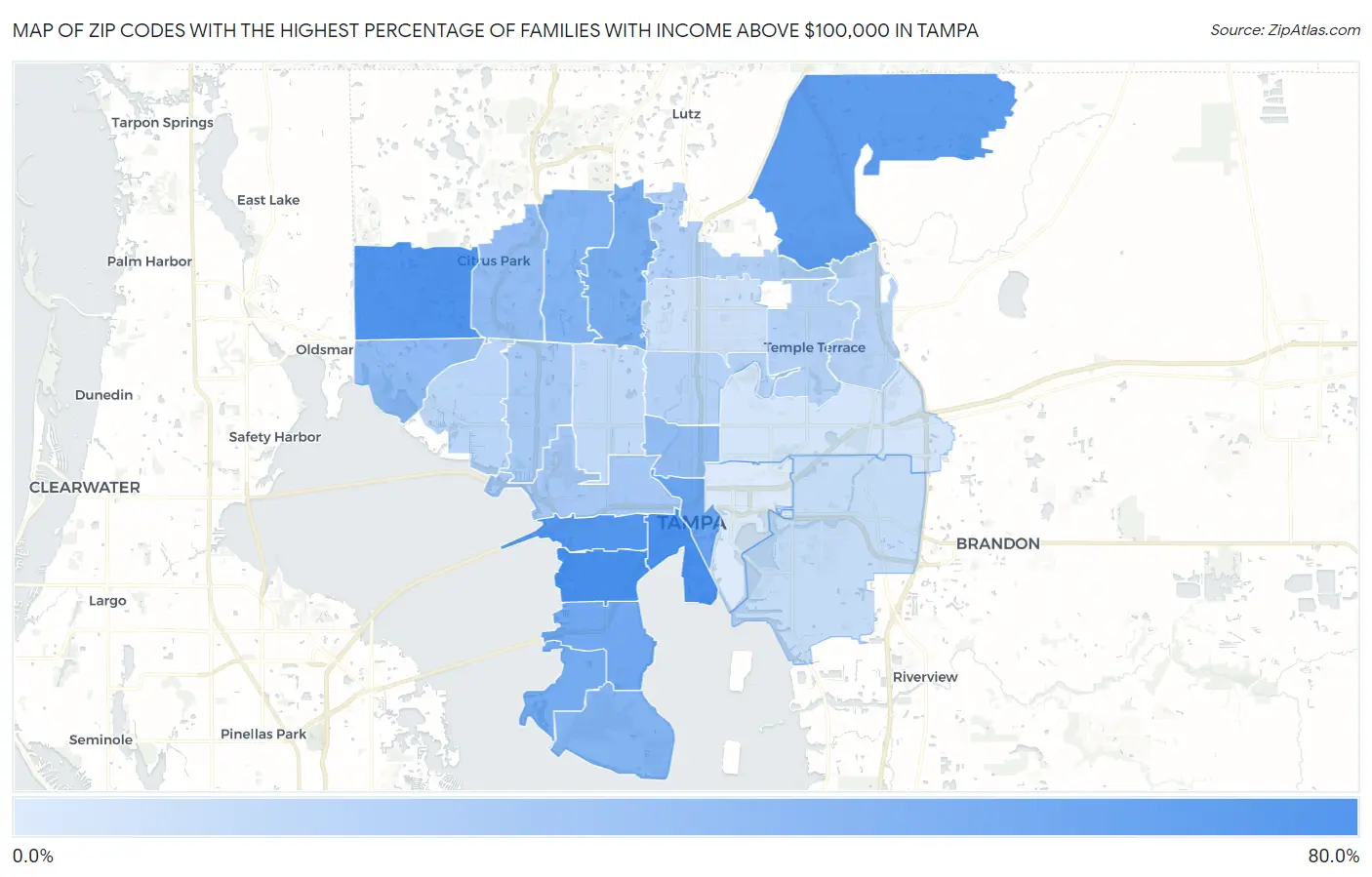 Zip Codes with the Highest Percentage of Families with Income Above $100,000 in Tampa Map