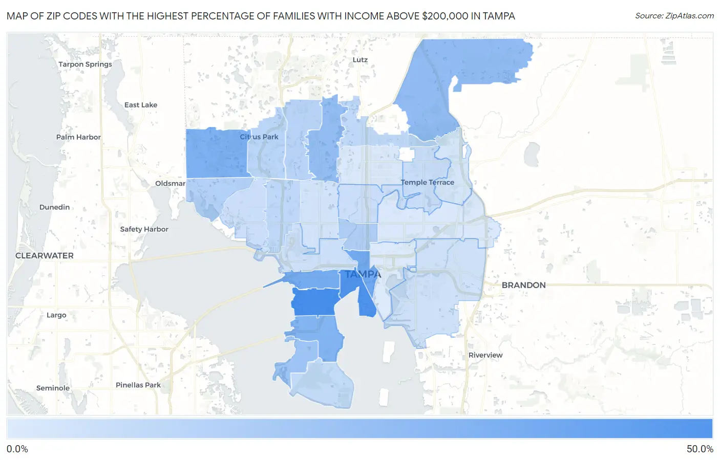 Zip Codes with the Highest Percentage of Families with Income Above $200,000 in Tampa Map