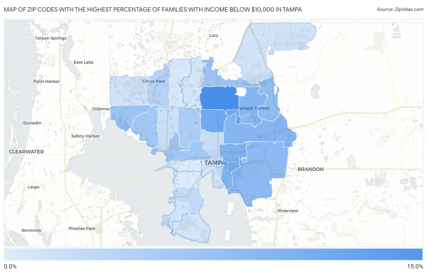Zip Codes with the Highest Percentage of Families with Income Below $10,000 in Tampa Map