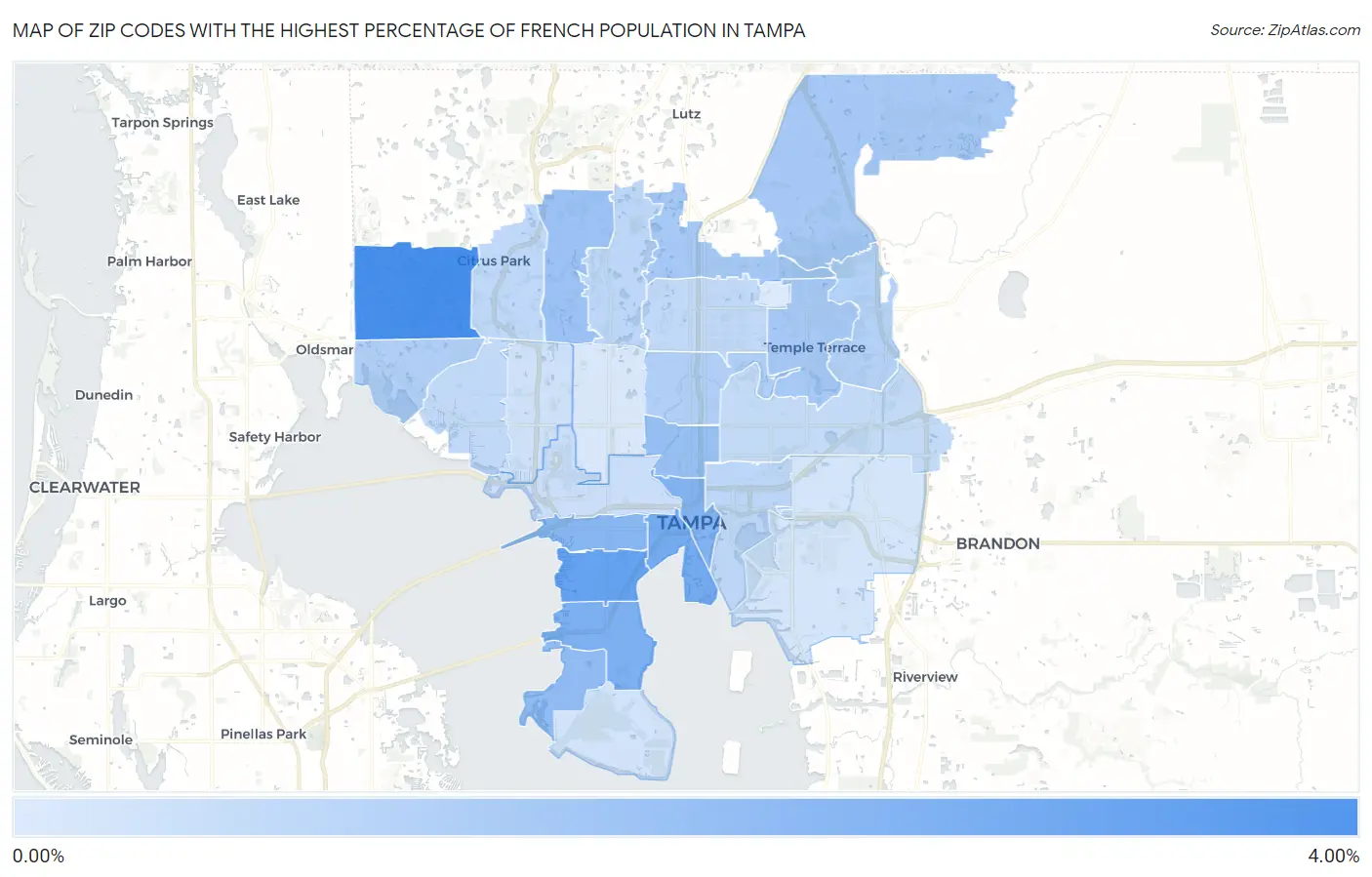 Zip Codes with the Highest Percentage of French Population in Tampa Map