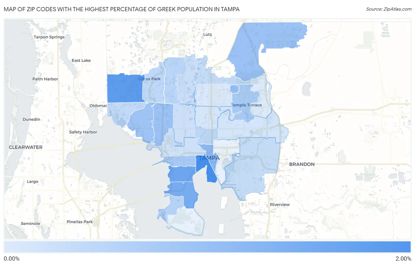 Zip Codes with the Highest Percentage of Greek Population in Tampa Map
