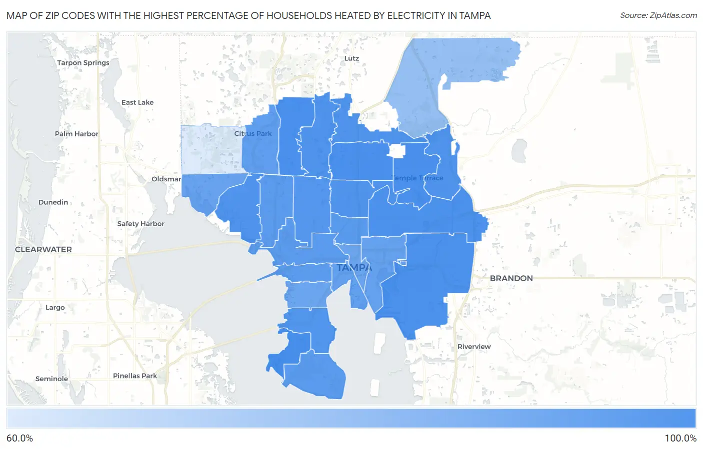 Zip Codes with the Highest Percentage of Households Heated by Electricity in Tampa Map