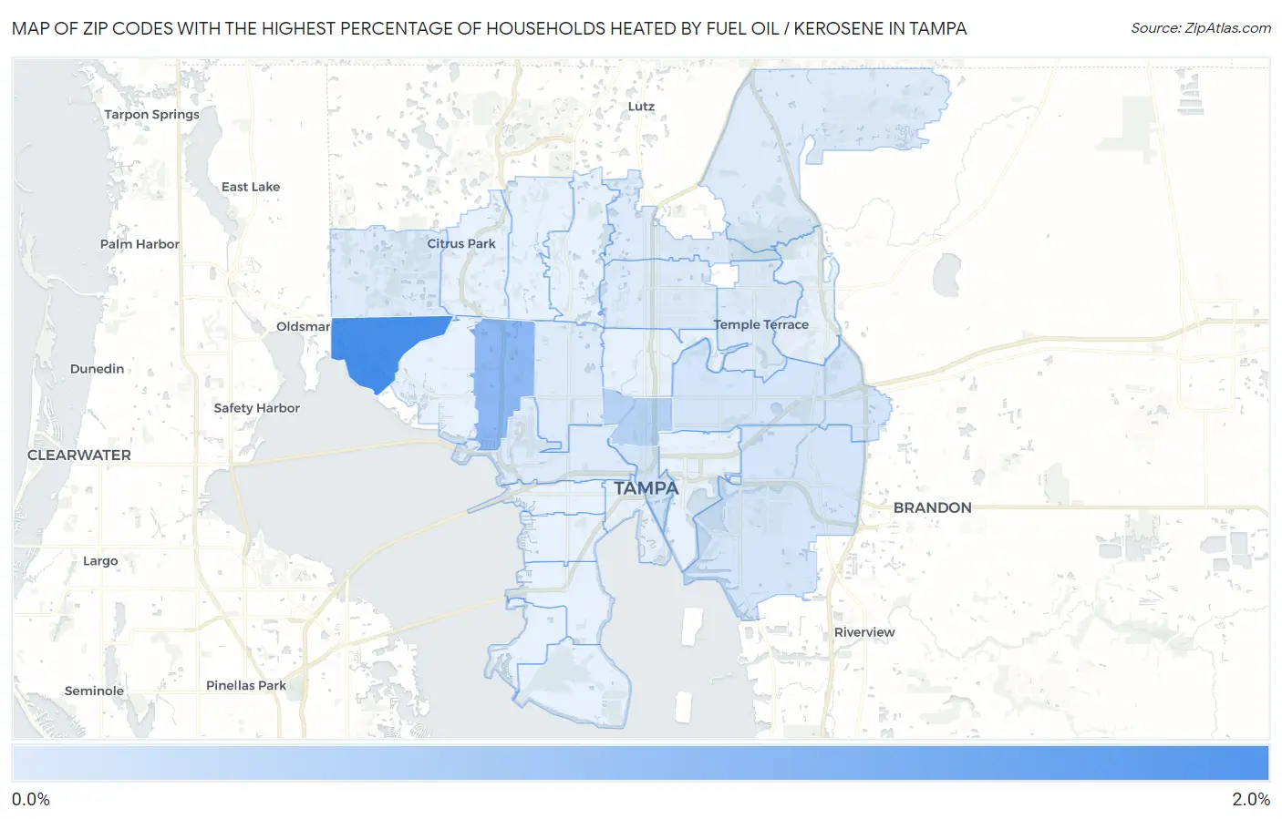 Zip Codes with the Highest Percentage of Households Heated by Fuel Oil / Kerosene in Tampa Map