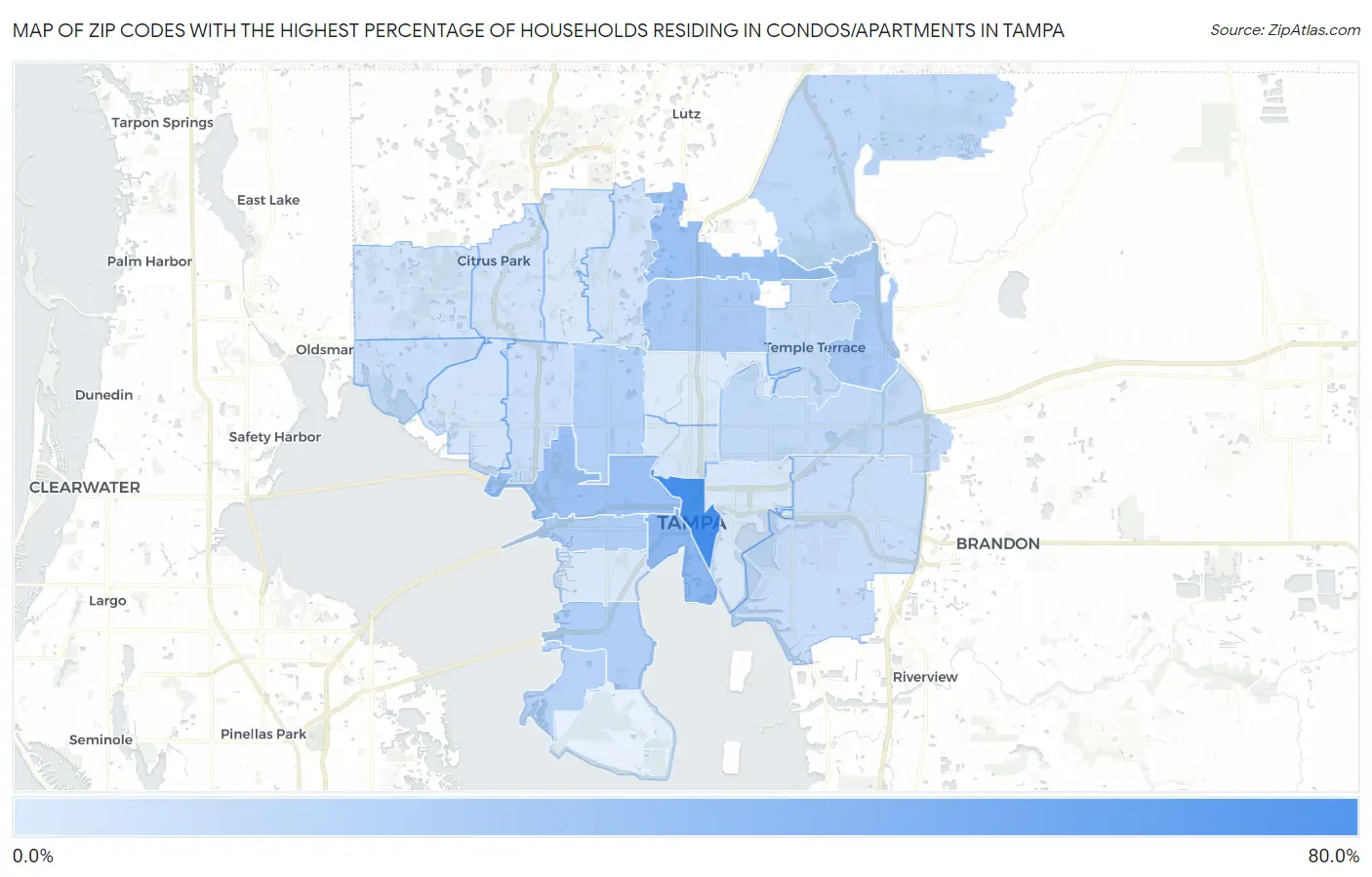 Zip Codes with the Highest Percentage of Households Residing in Condos/Apartments in Tampa Map