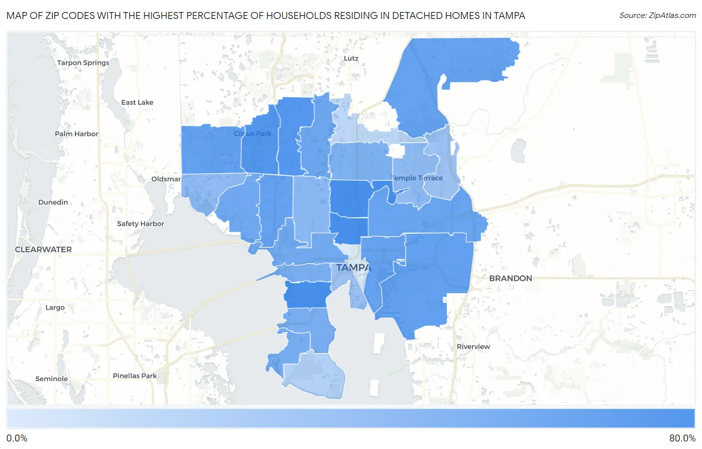 Zip Codes with the Highest Percentage of Households Residing in Detached Homes in Tampa Map
