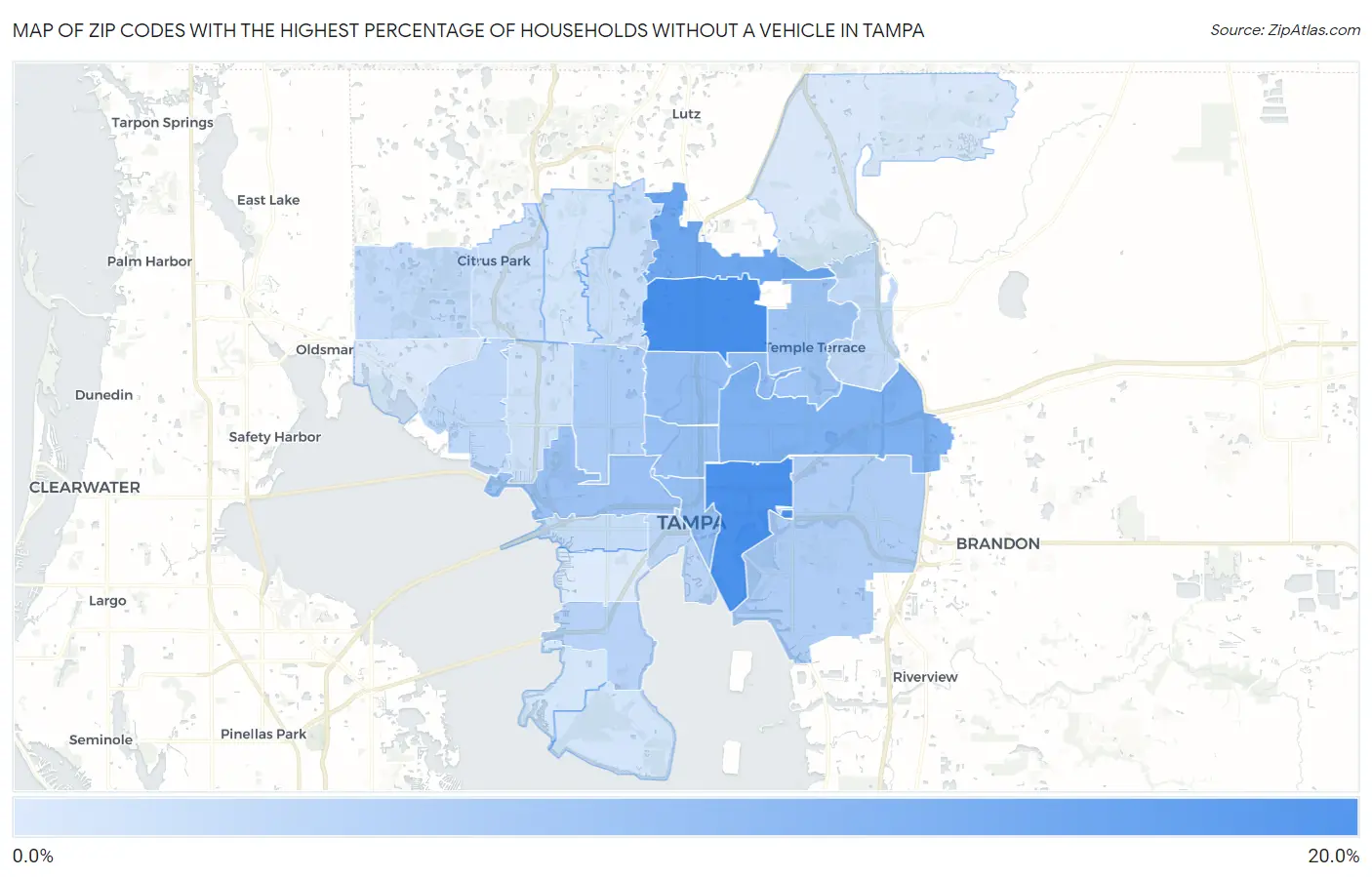 Zip Codes with the Highest Percentage of Households Without a Vehicle in Tampa Map