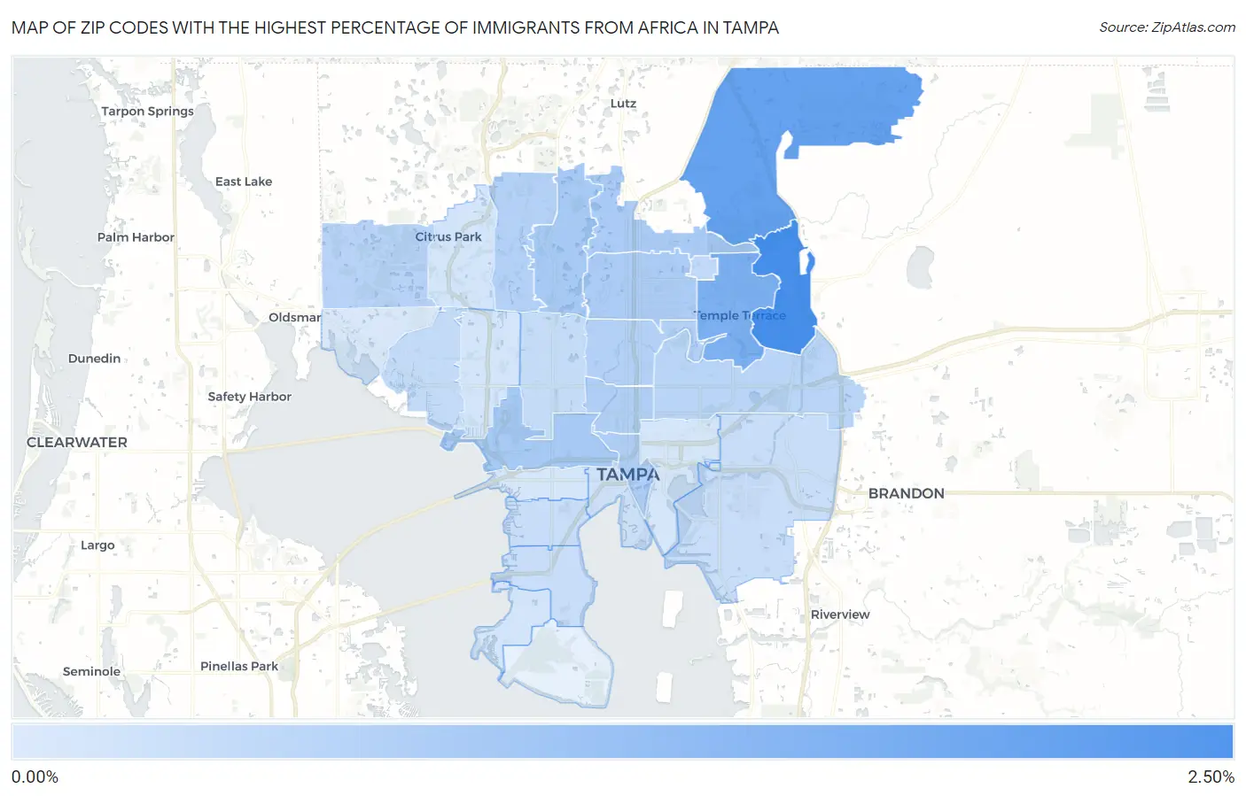 Zip Codes with the Highest Percentage of Immigrants from Africa in Tampa Map