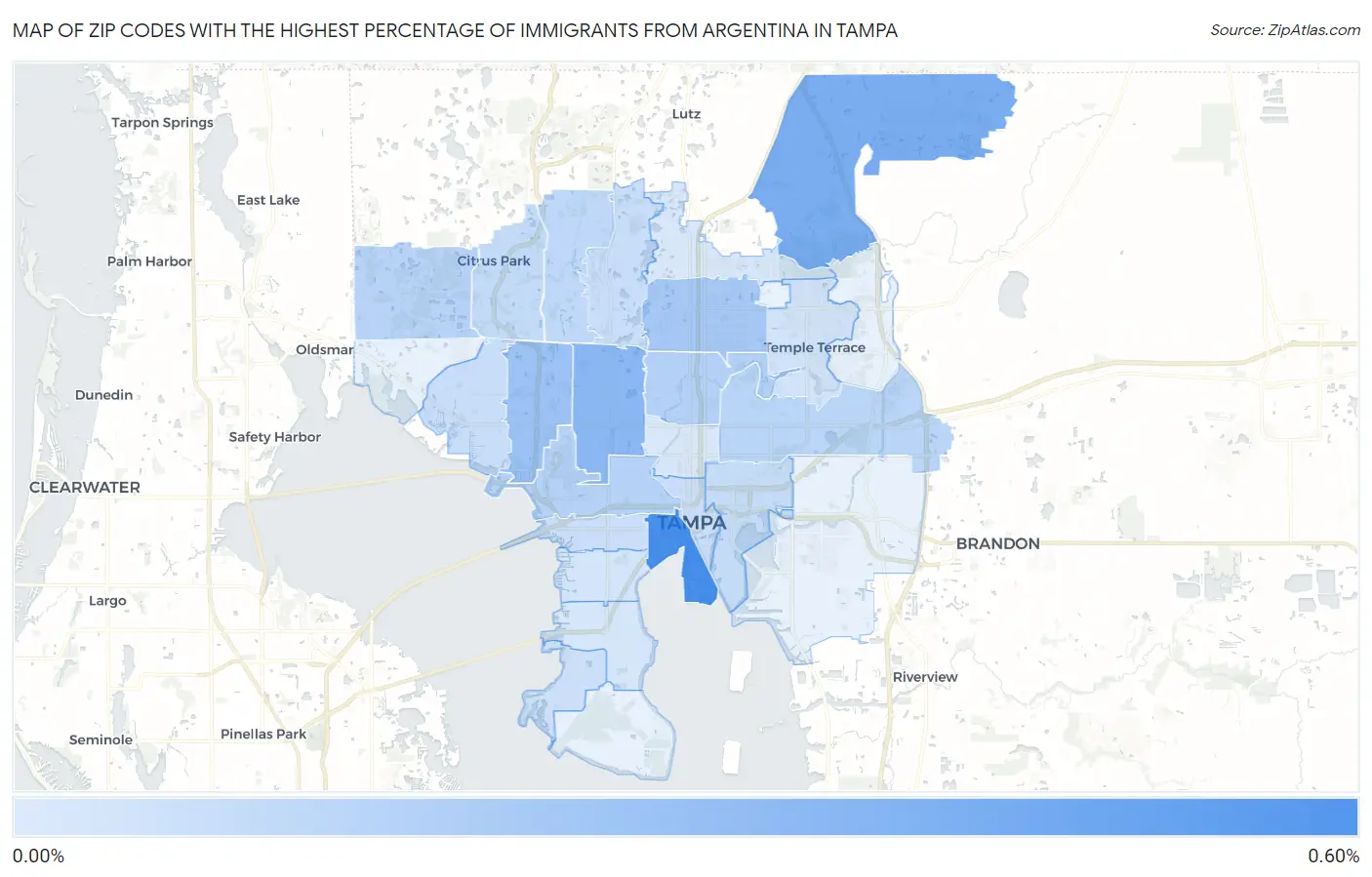 Zip Codes with the Highest Percentage of Immigrants from Argentina in Tampa Map