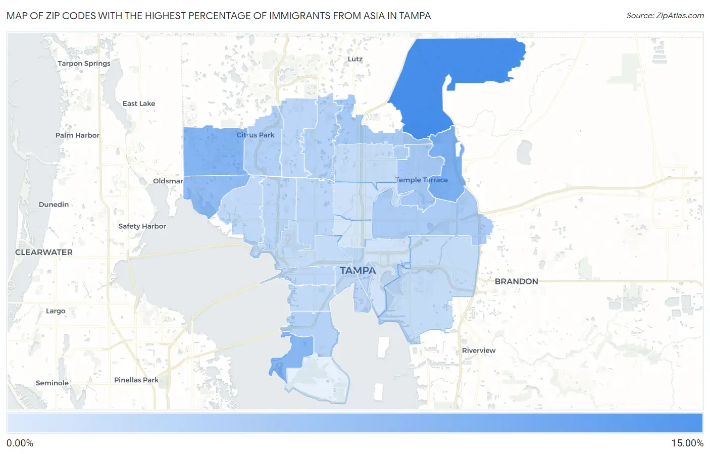 Zip Codes with the Highest Percentage of Immigrants from Asia in Tampa Map