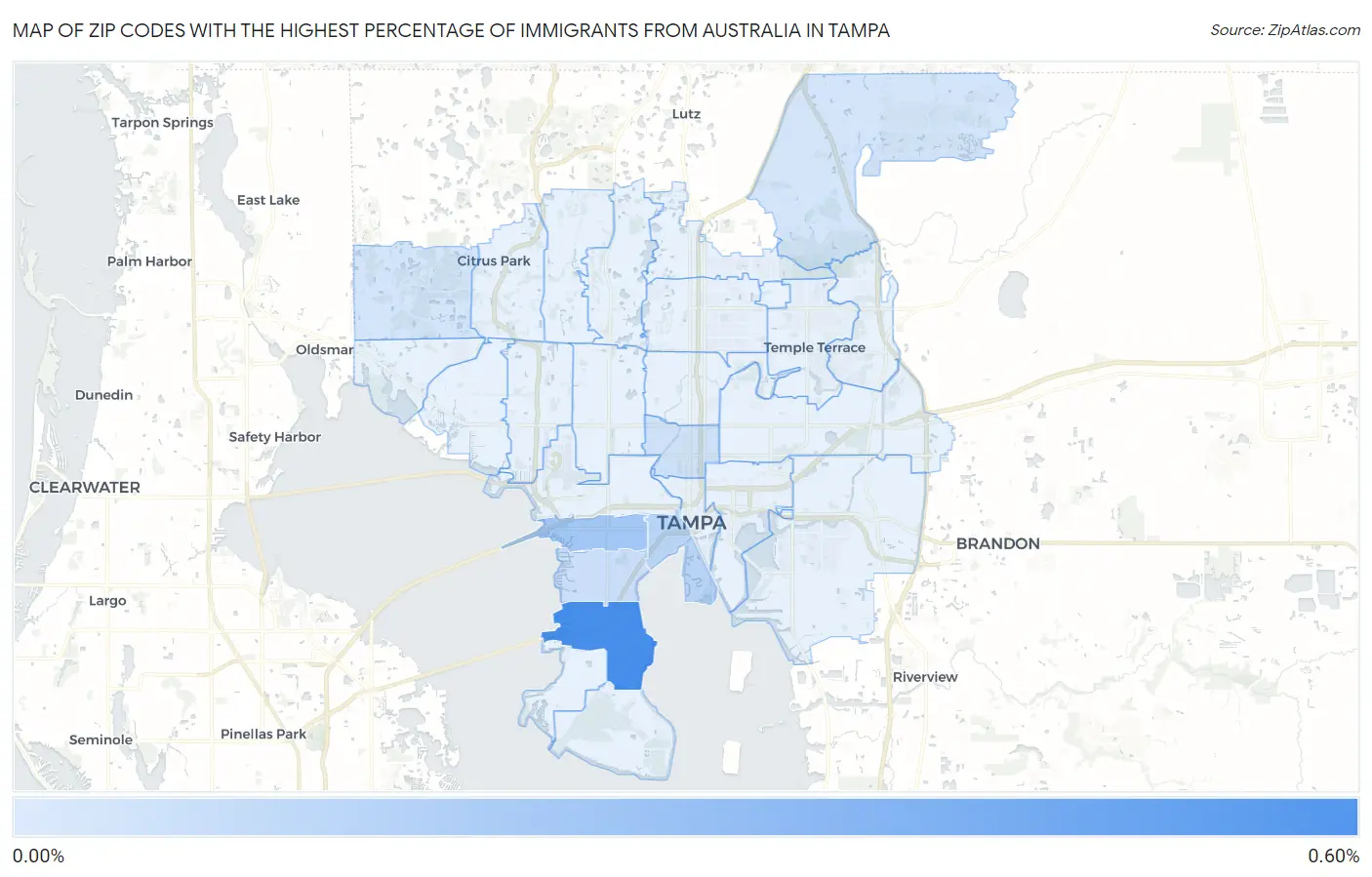 Zip Codes with the Highest Percentage of Immigrants from Australia in Tampa Map
