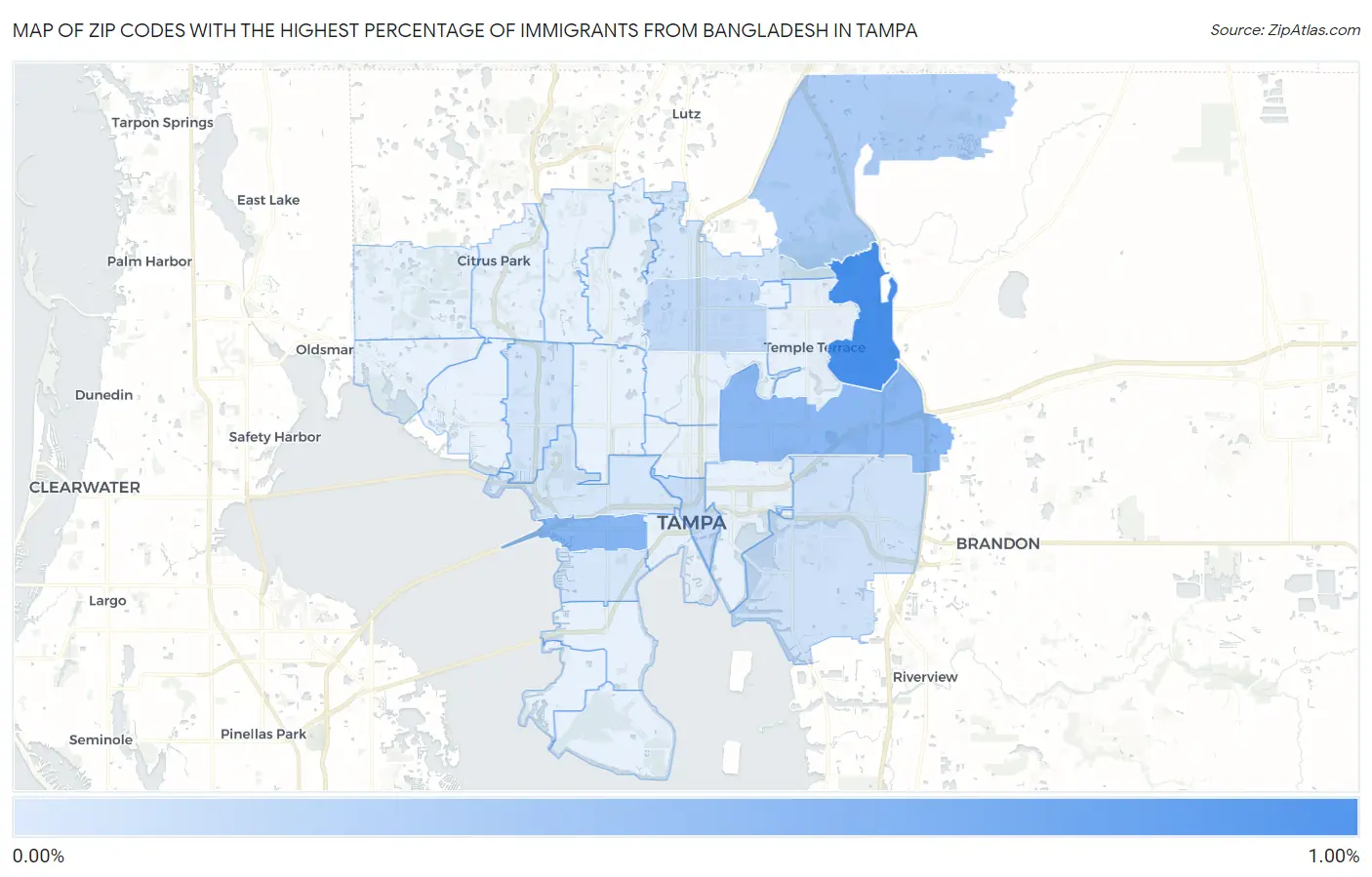 Zip Codes with the Highest Percentage of Immigrants from Bangladesh in Tampa Map
