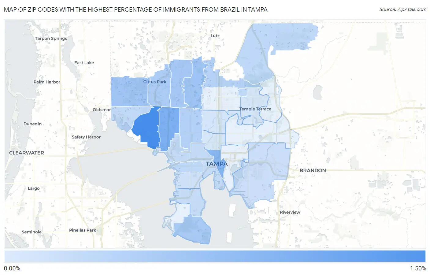 Zip Codes with the Highest Percentage of Immigrants from Brazil in Tampa Map