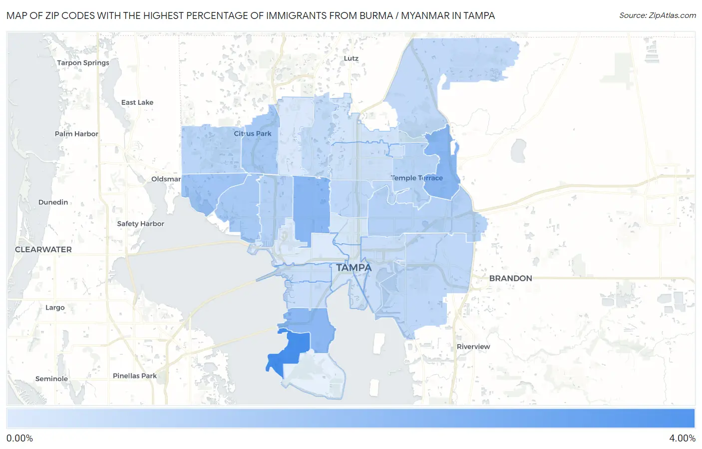 Zip Codes with the Highest Percentage of Immigrants from Burma / Myanmar in Tampa Map