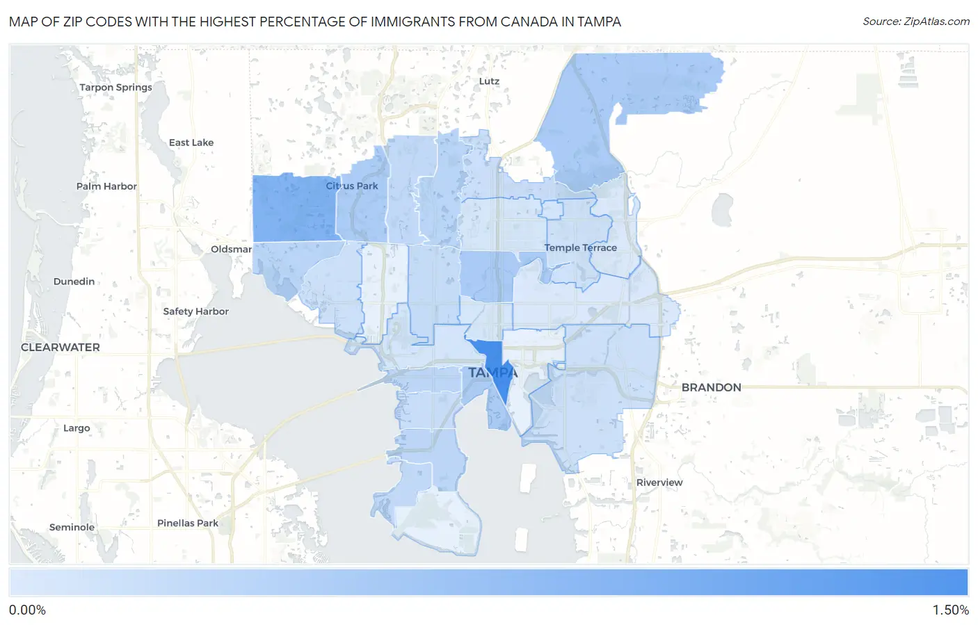 Zip Codes with the Highest Percentage of Immigrants from Canada in Tampa Map