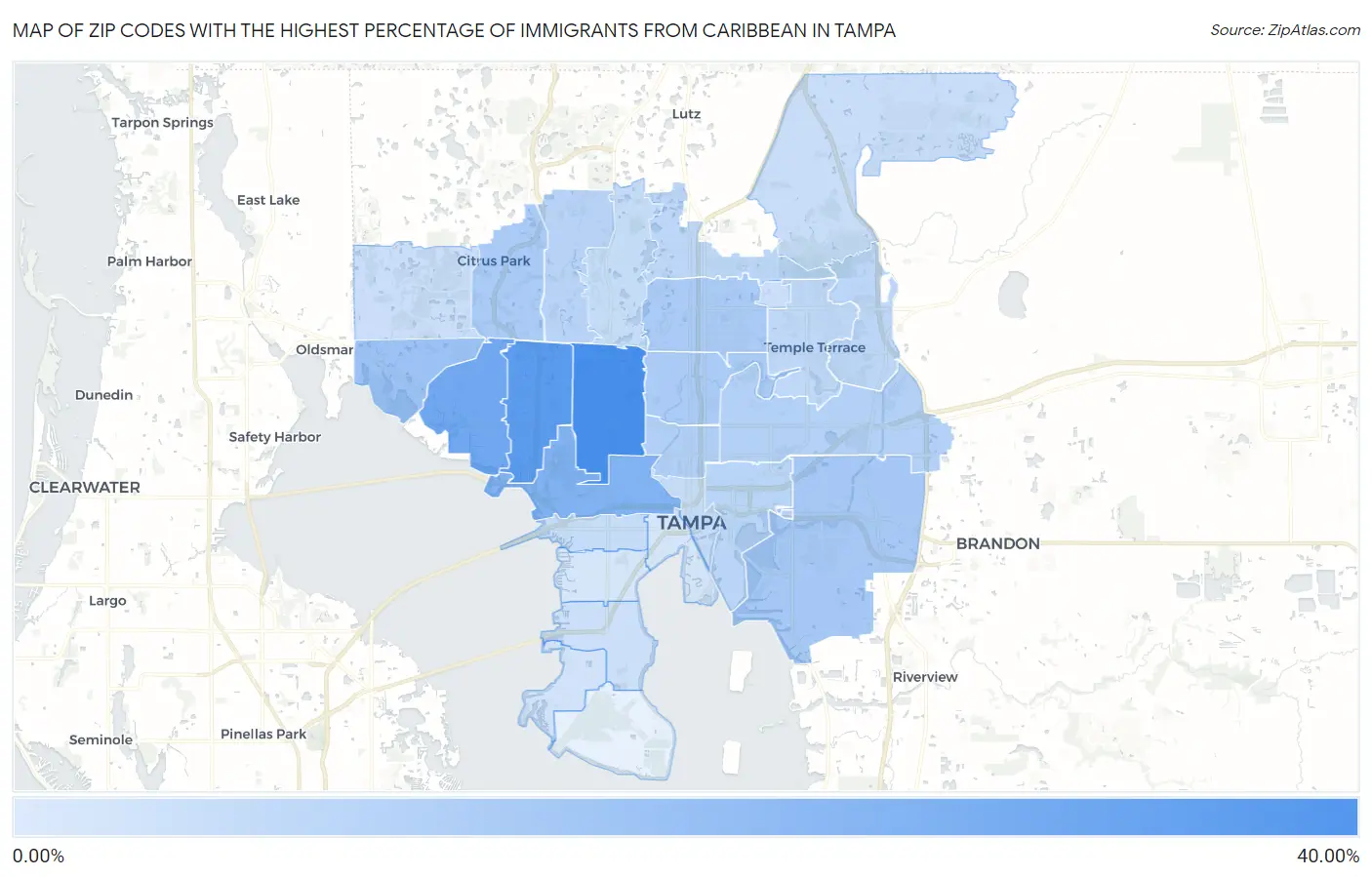 Zip Codes with the Highest Percentage of Immigrants from Caribbean in Tampa Map