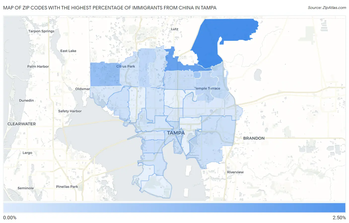 Zip Codes with the Highest Percentage of Immigrants from China in Tampa Map