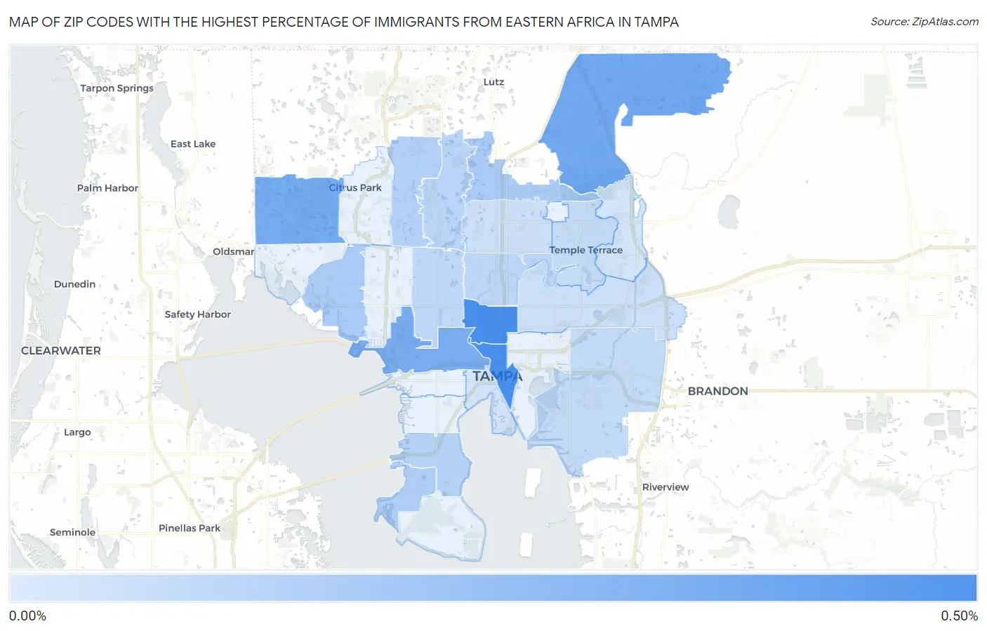 Zip Codes with the Highest Percentage of Immigrants from Eastern Africa in Tampa Map