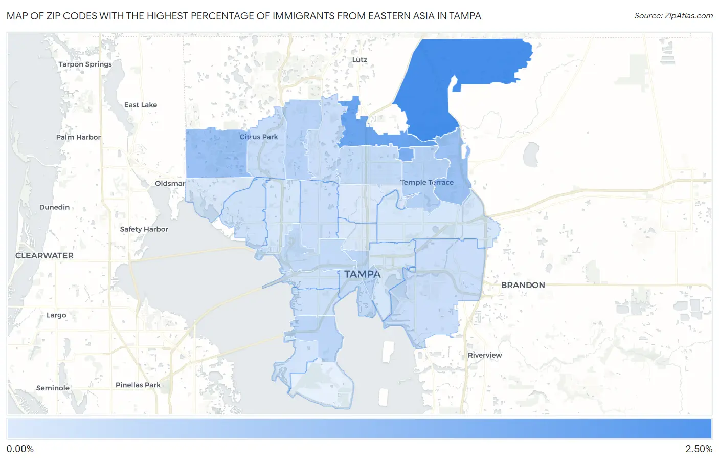 Zip Codes with the Highest Percentage of Immigrants from Eastern Asia in Tampa Map