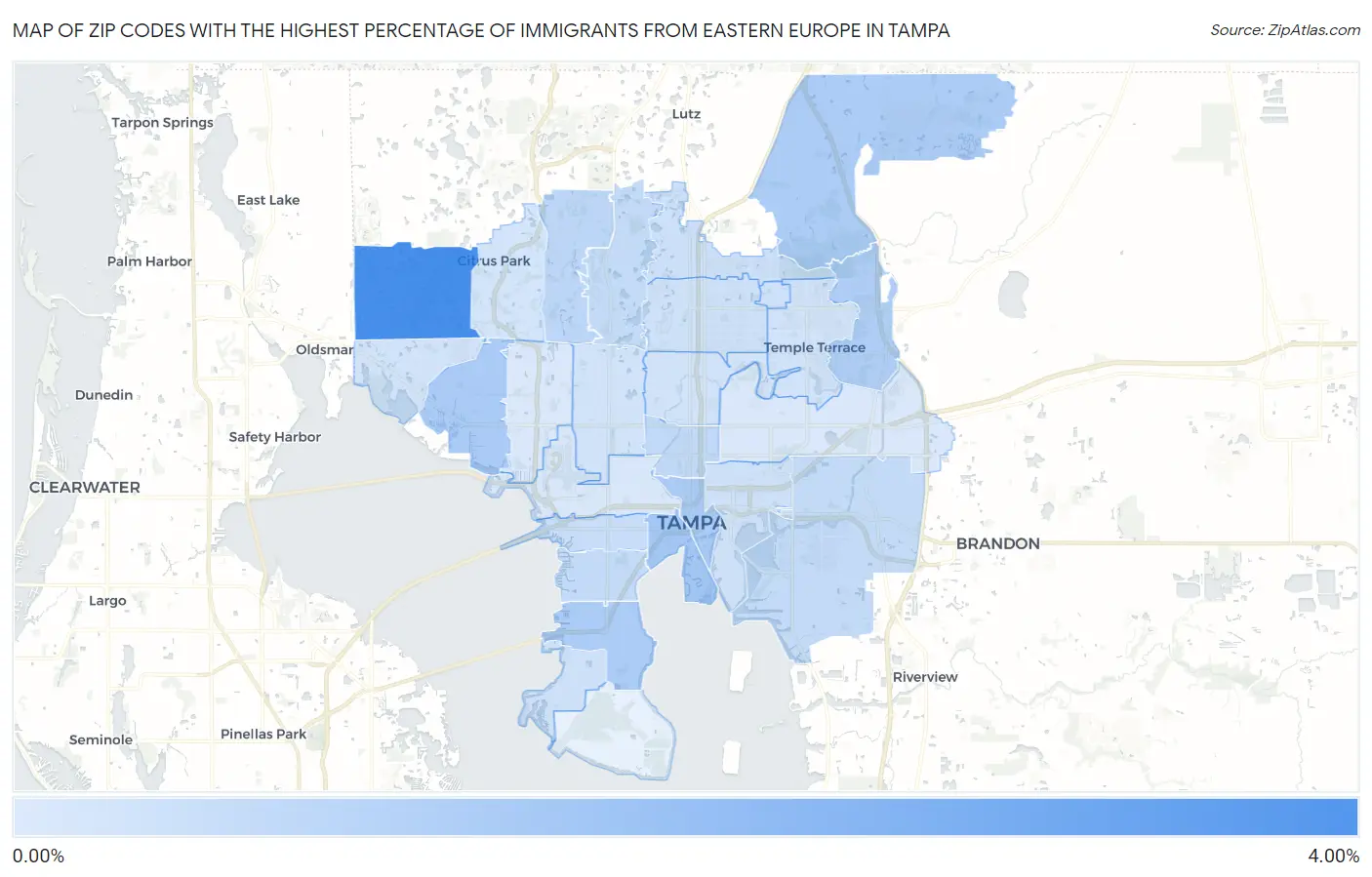 Zip Codes with the Highest Percentage of Immigrants from Eastern Europe in Tampa Map