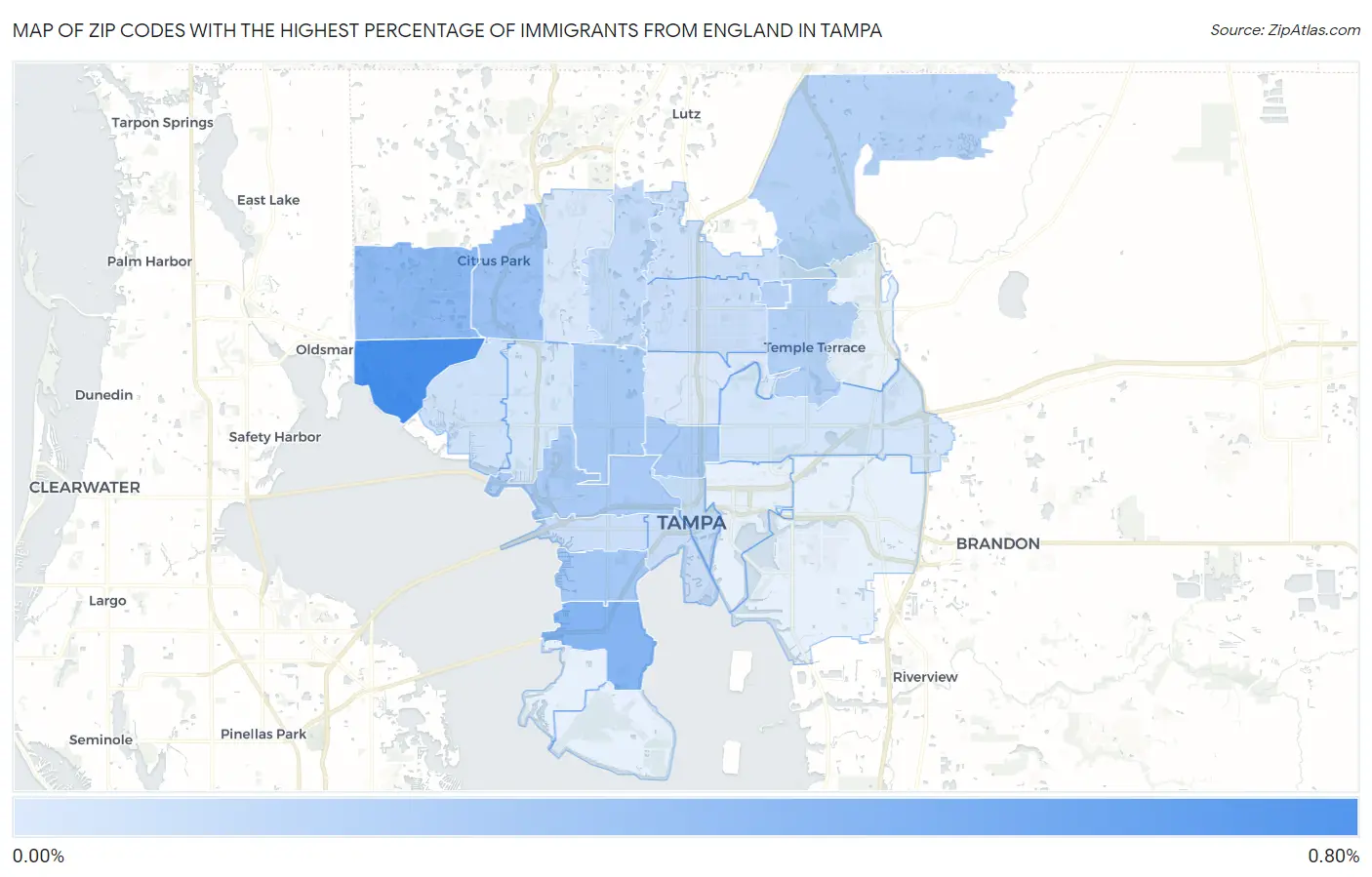 Zip Codes with the Highest Percentage of Immigrants from England in Tampa Map