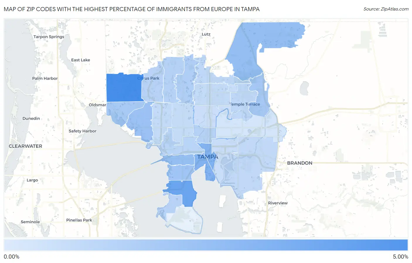 Zip Codes with the Highest Percentage of Immigrants from Europe in Tampa Map