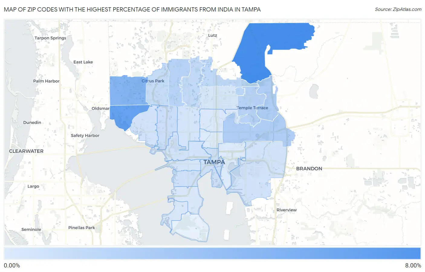Zip Codes with the Highest Percentage of Immigrants from India in Tampa Map