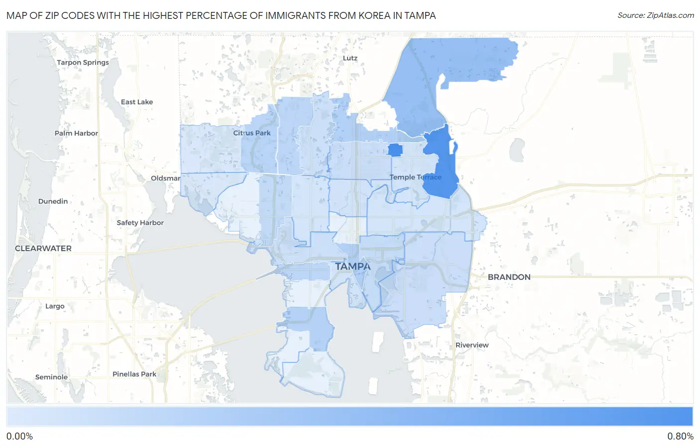 Zip Codes with the Highest Percentage of Immigrants from Korea in Tampa Map