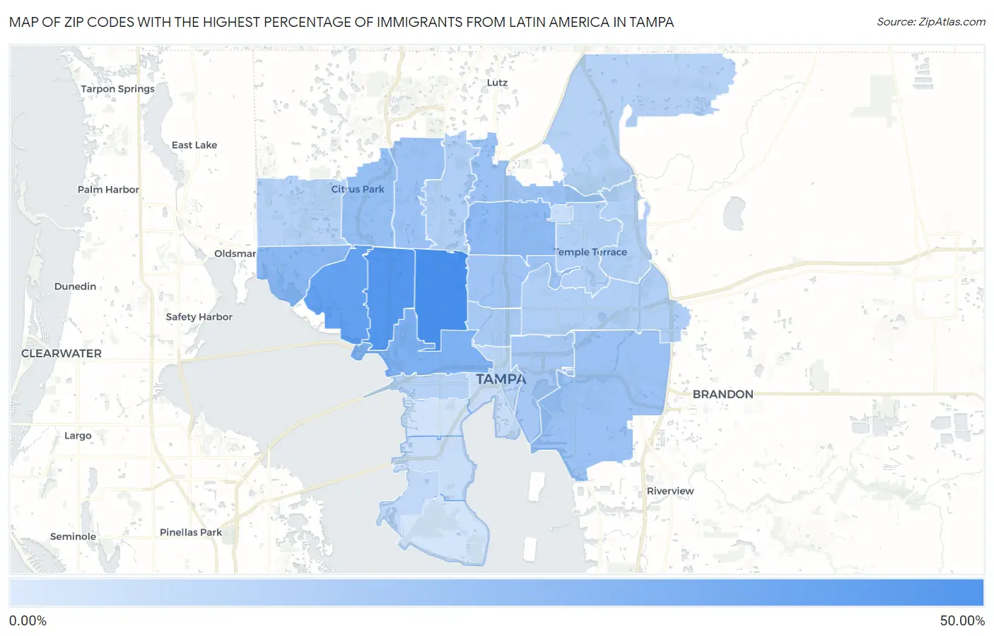 Zip Codes with the Highest Percentage of Immigrants from Latin America in Tampa Map