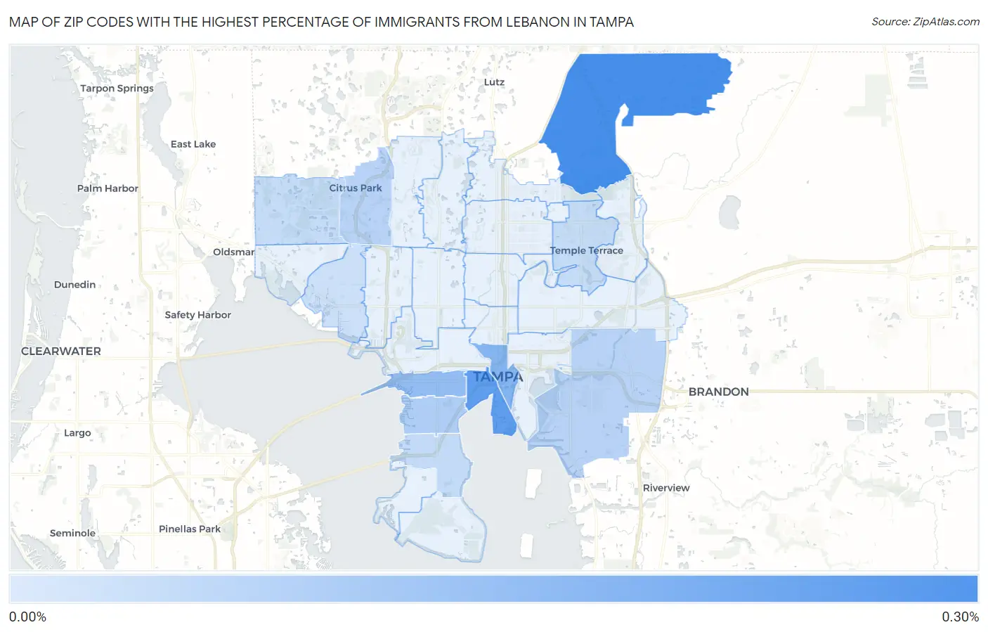 Zip Codes with the Highest Percentage of Immigrants from Lebanon in Tampa Map