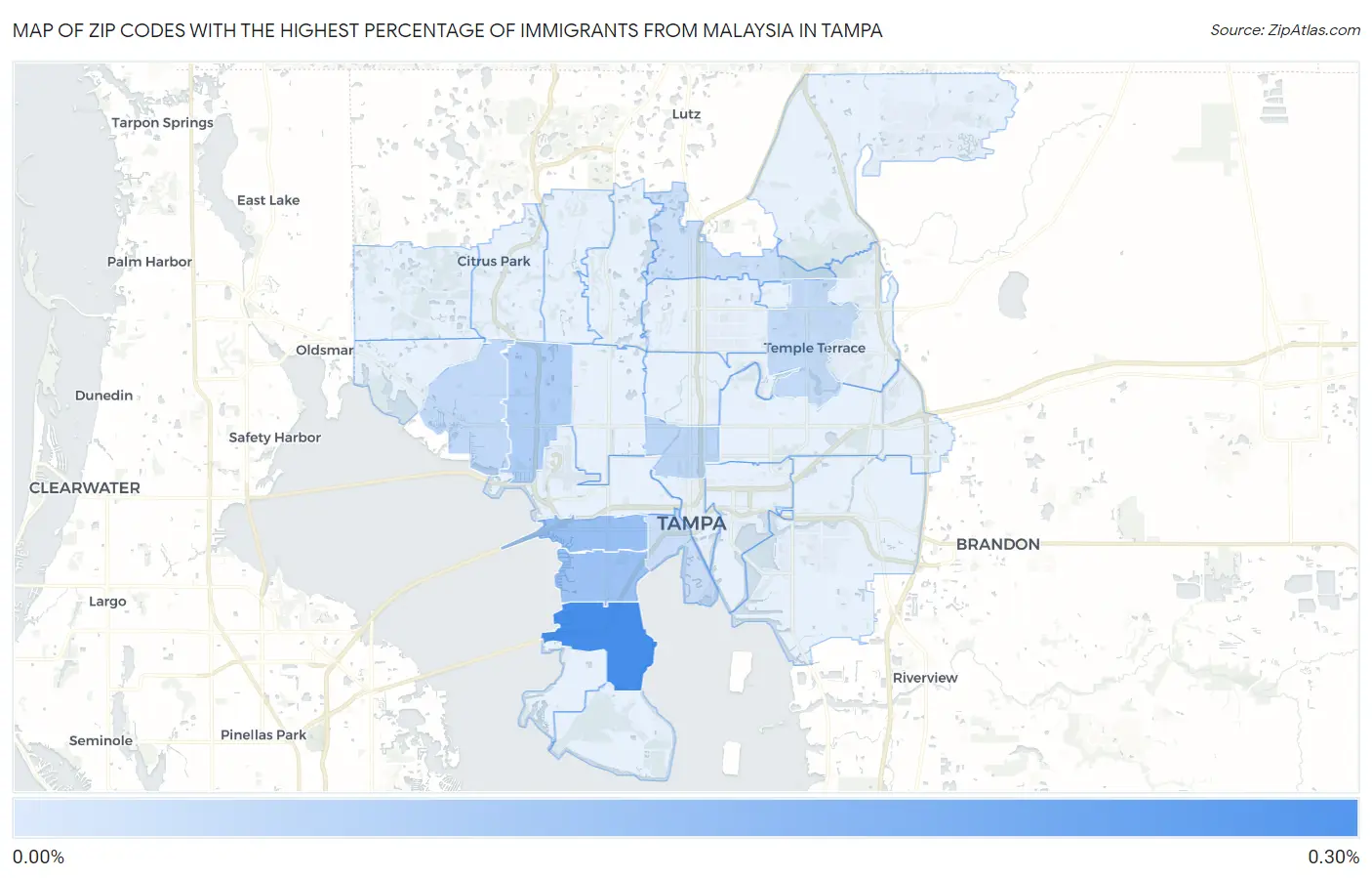 Zip Codes with the Highest Percentage of Immigrants from Malaysia in Tampa Map