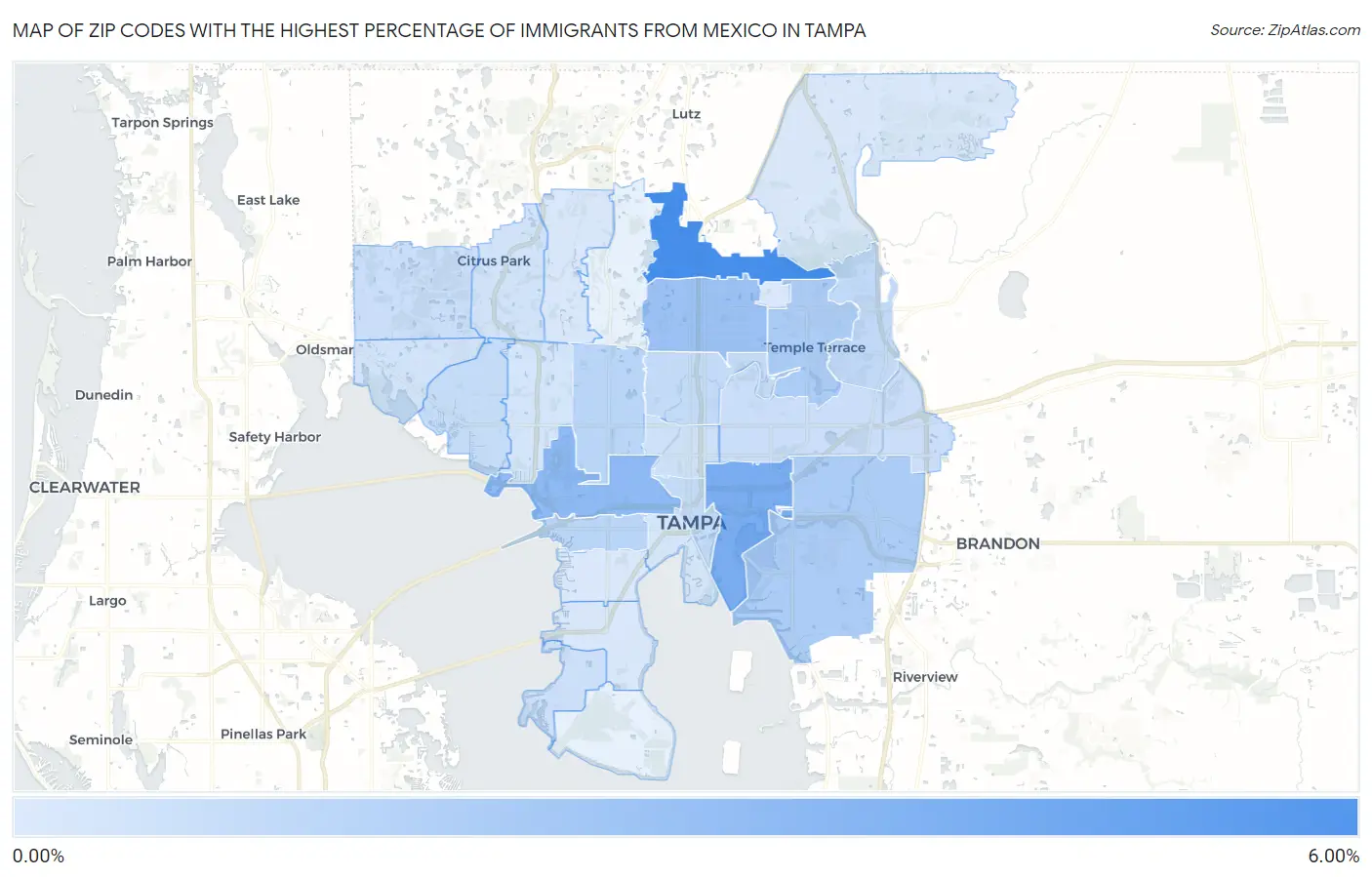 Zip Codes with the Highest Percentage of Immigrants from Mexico in Tampa Map