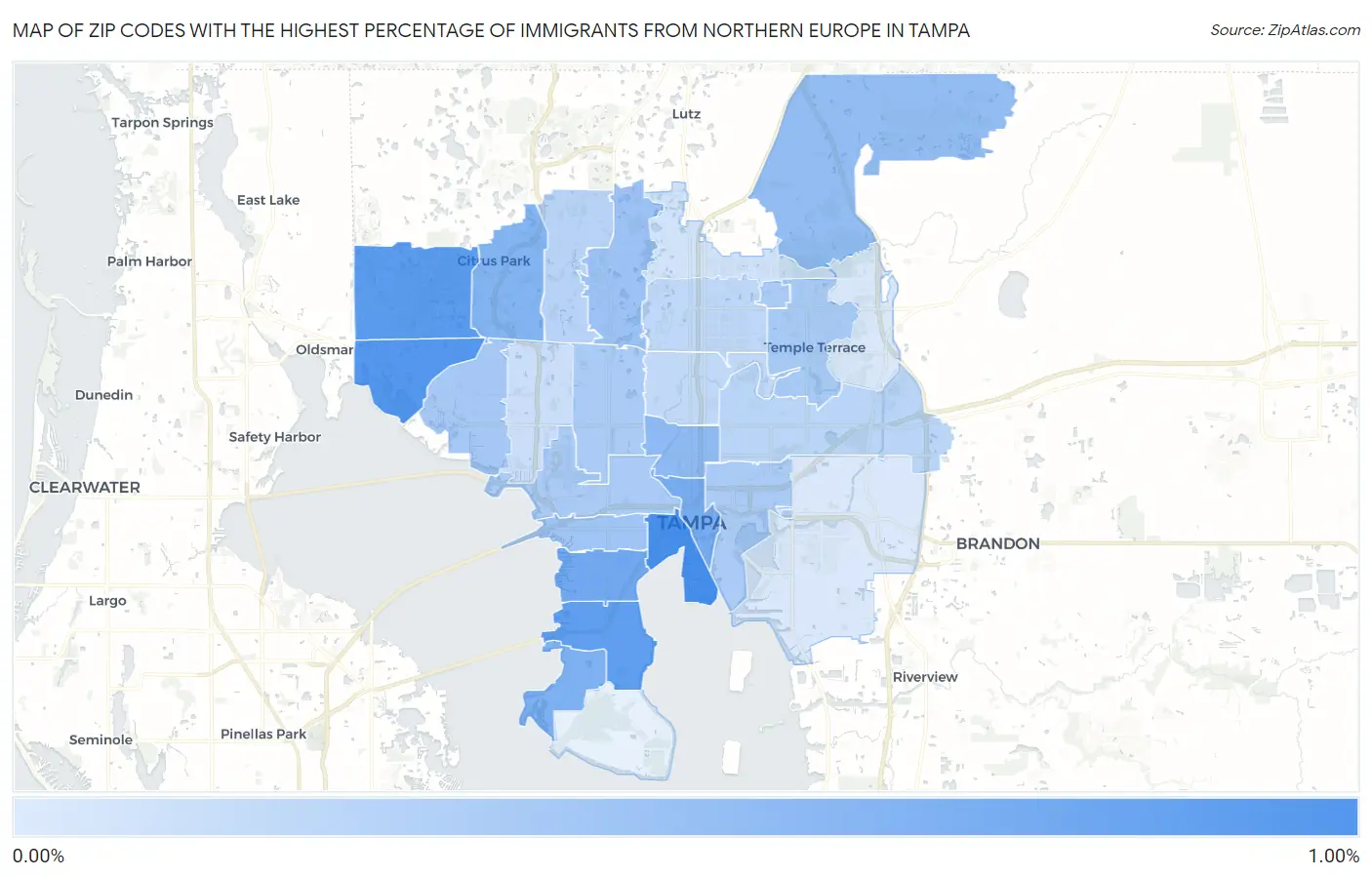Zip Codes with the Highest Percentage of Immigrants from Northern Europe in Tampa Map