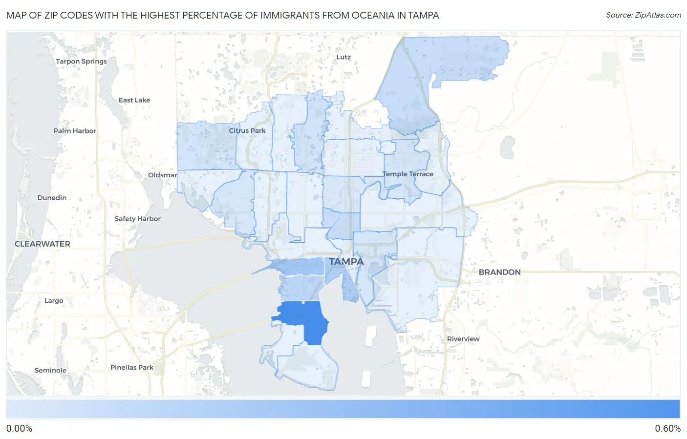 Zip Codes with the Highest Percentage of Immigrants from Oceania in Tampa Map