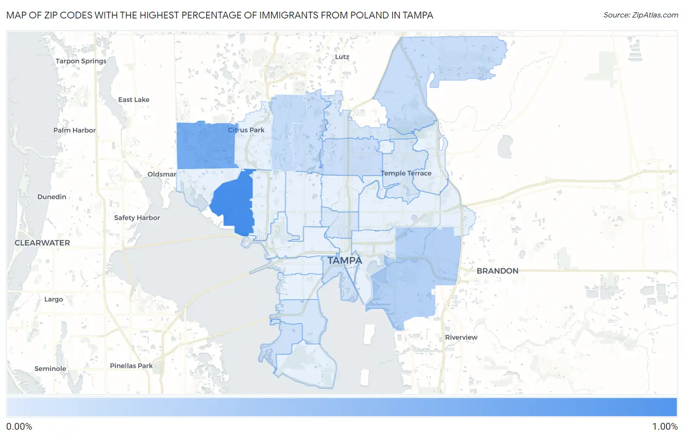 Zip Codes with the Highest Percentage of Immigrants from Poland in Tampa Map