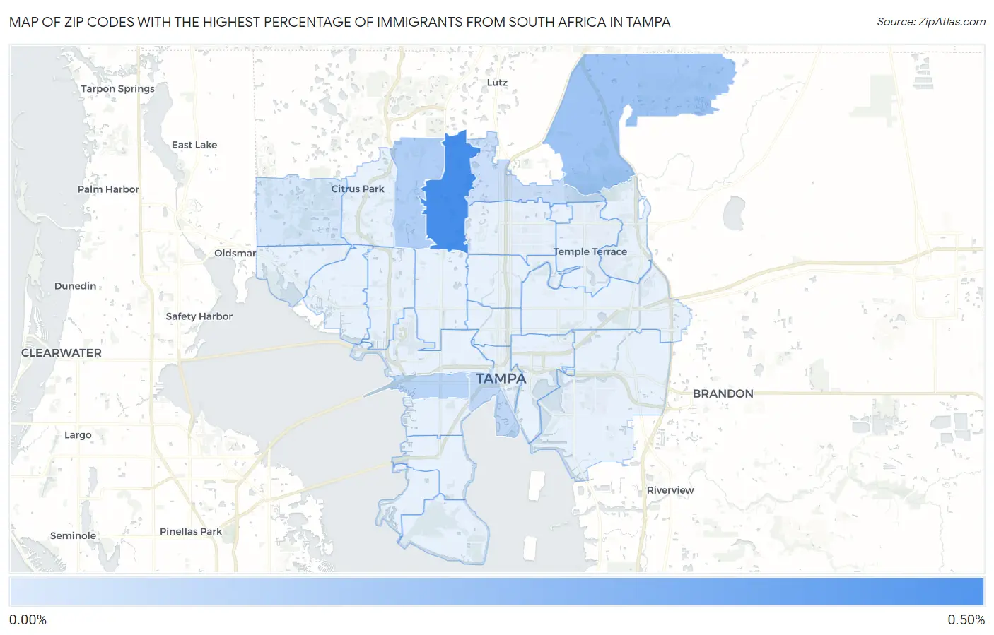 Zip Codes with the Highest Percentage of Immigrants from South Africa in Tampa Map