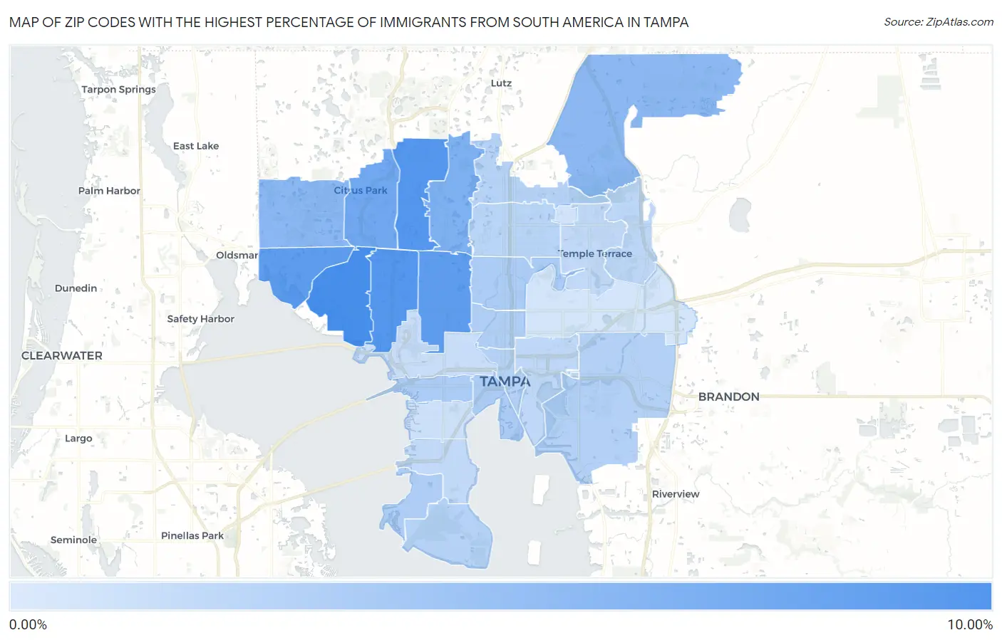 Zip Codes with the Highest Percentage of Immigrants from South America in Tampa Map