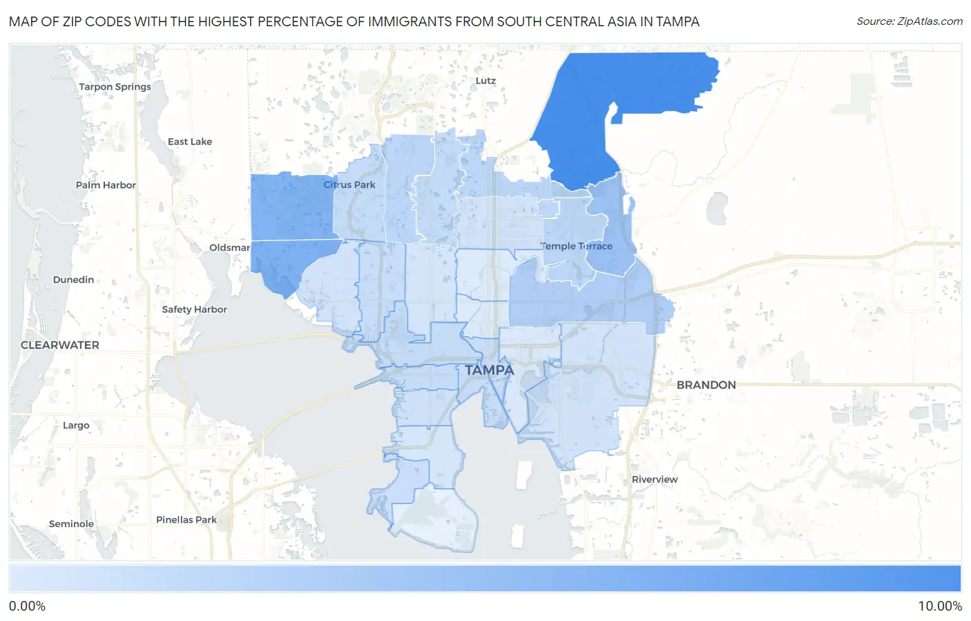 Zip Codes with the Highest Percentage of Immigrants from South Central Asia in Tampa Map