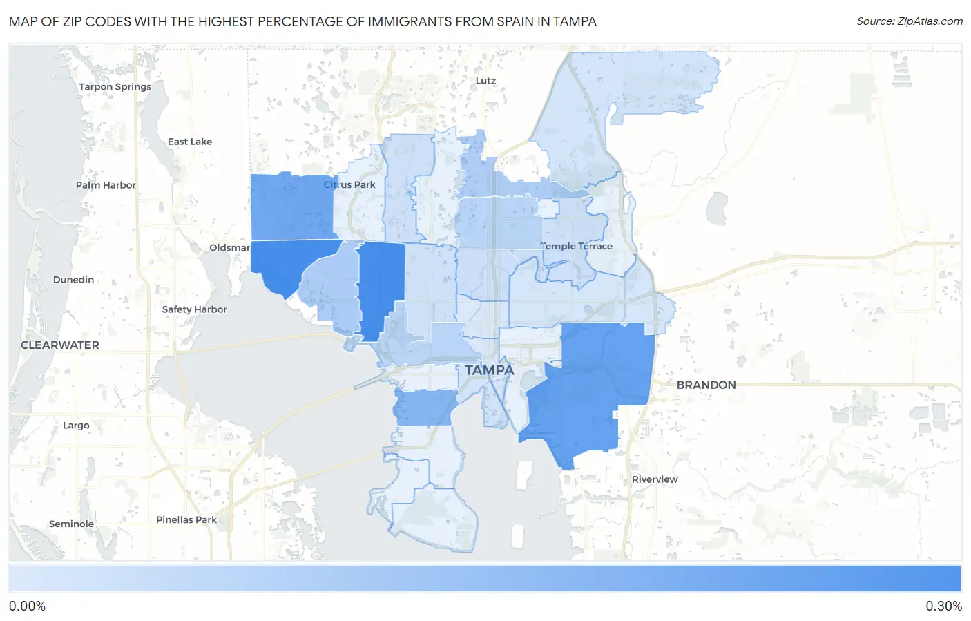Zip Codes with the Highest Percentage of Immigrants from Spain in Tampa Map