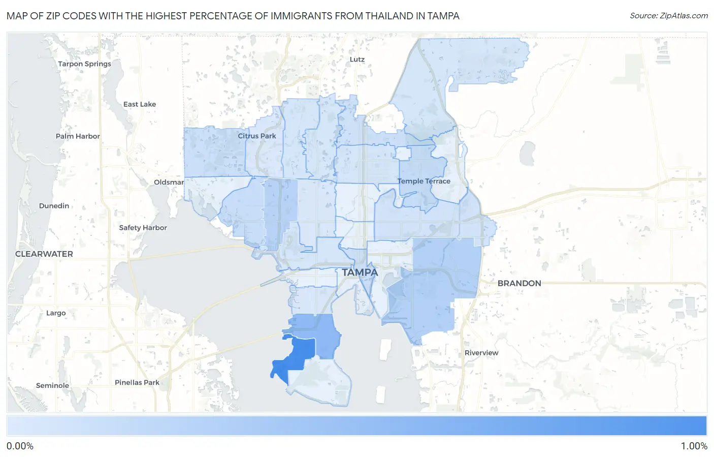 Zip Codes with the Highest Percentage of Immigrants from Thailand in Tampa Map