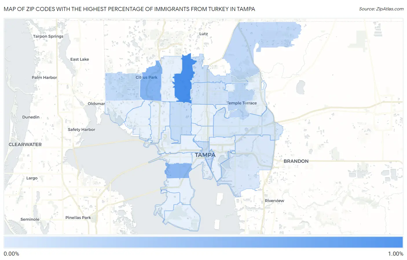 Zip Codes with the Highest Percentage of Immigrants from Turkey in Tampa Map