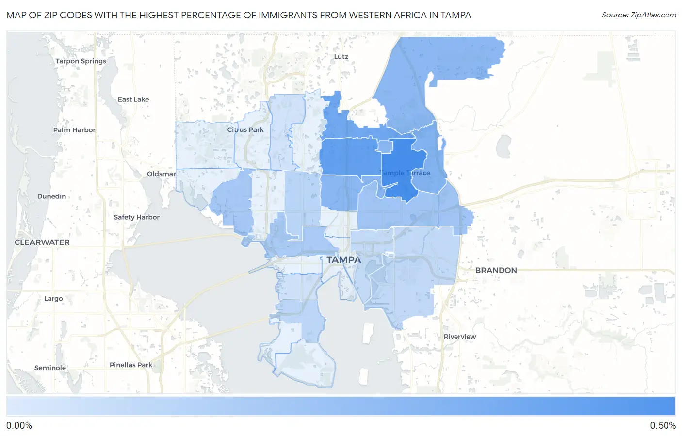 Zip Codes with the Highest Percentage of Immigrants from Western Africa in Tampa Map