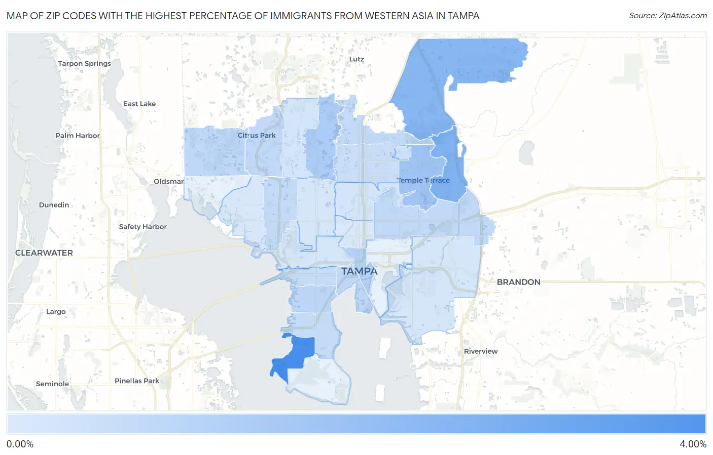 Zip Codes with the Highest Percentage of Immigrants from Western Asia in Tampa Map