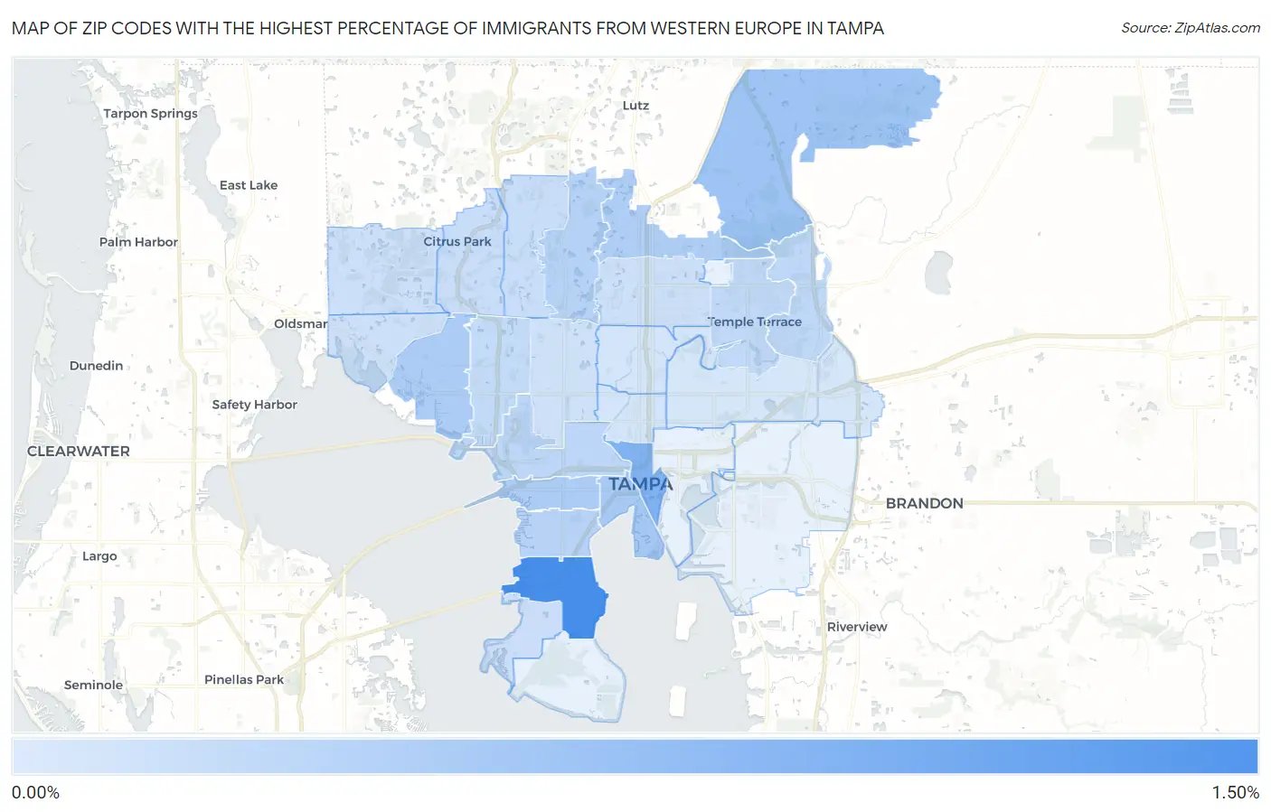 Zip Codes with the Highest Percentage of Immigrants from Western Europe in Tampa Map