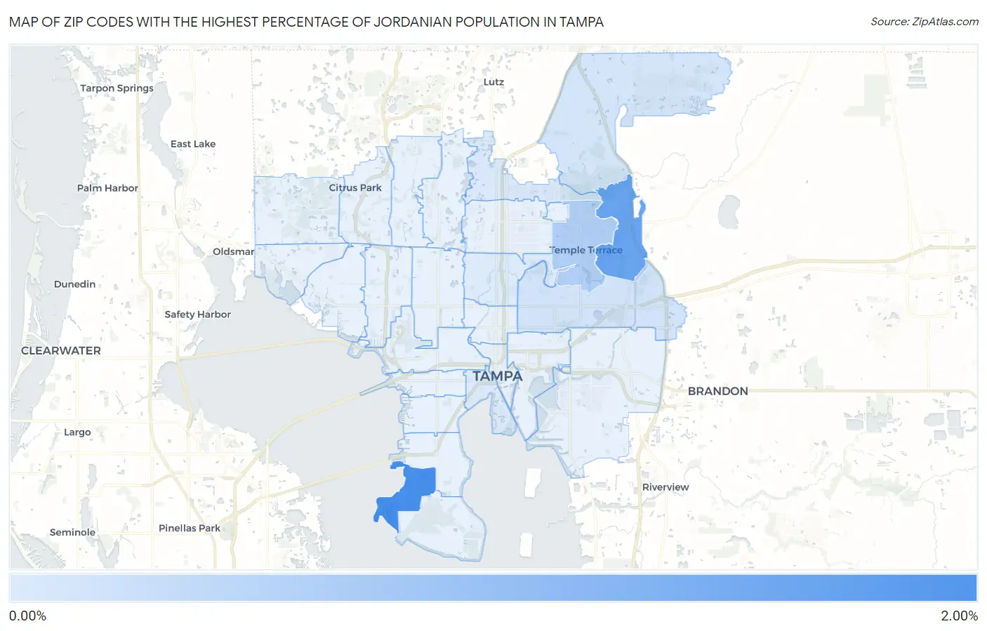 Zip Codes with the Highest Percentage of Jordanian Population in Tampa Map
