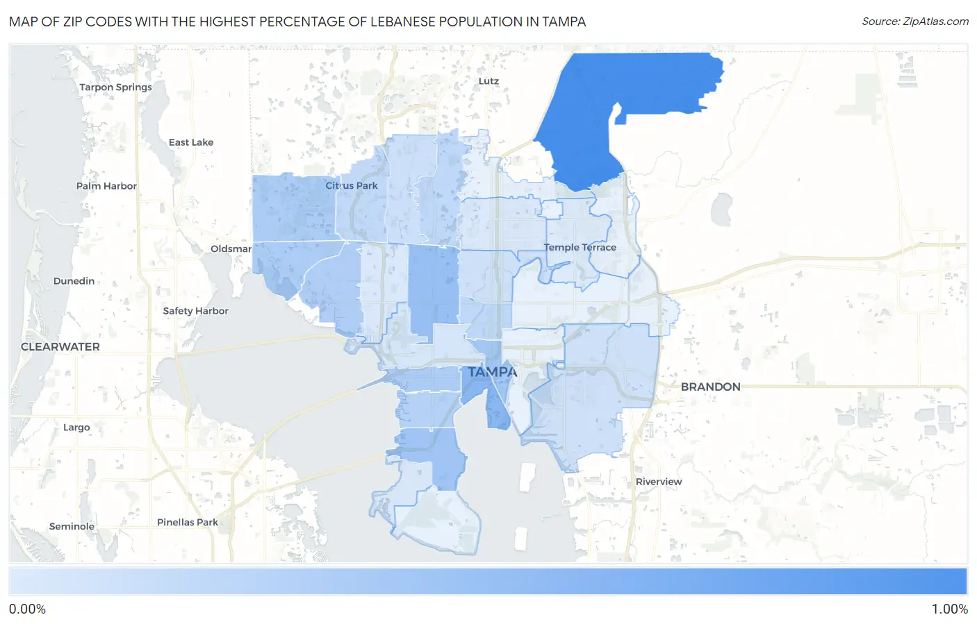 Zip Codes with the Highest Percentage of Lebanese Population in Tampa Map