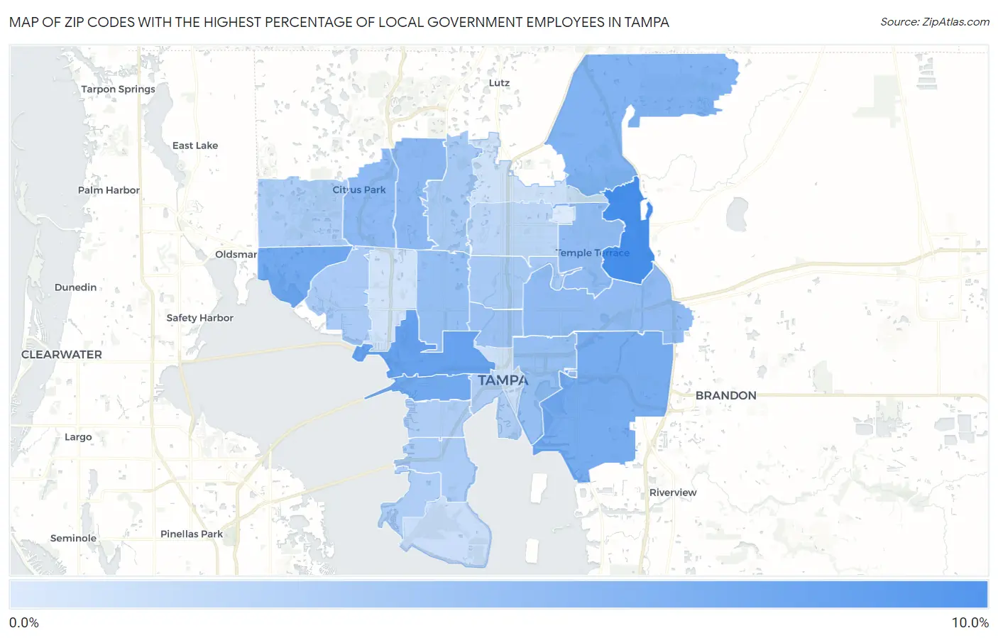 Zip Codes with the Highest Percentage of Local Government Employees in Tampa Map
