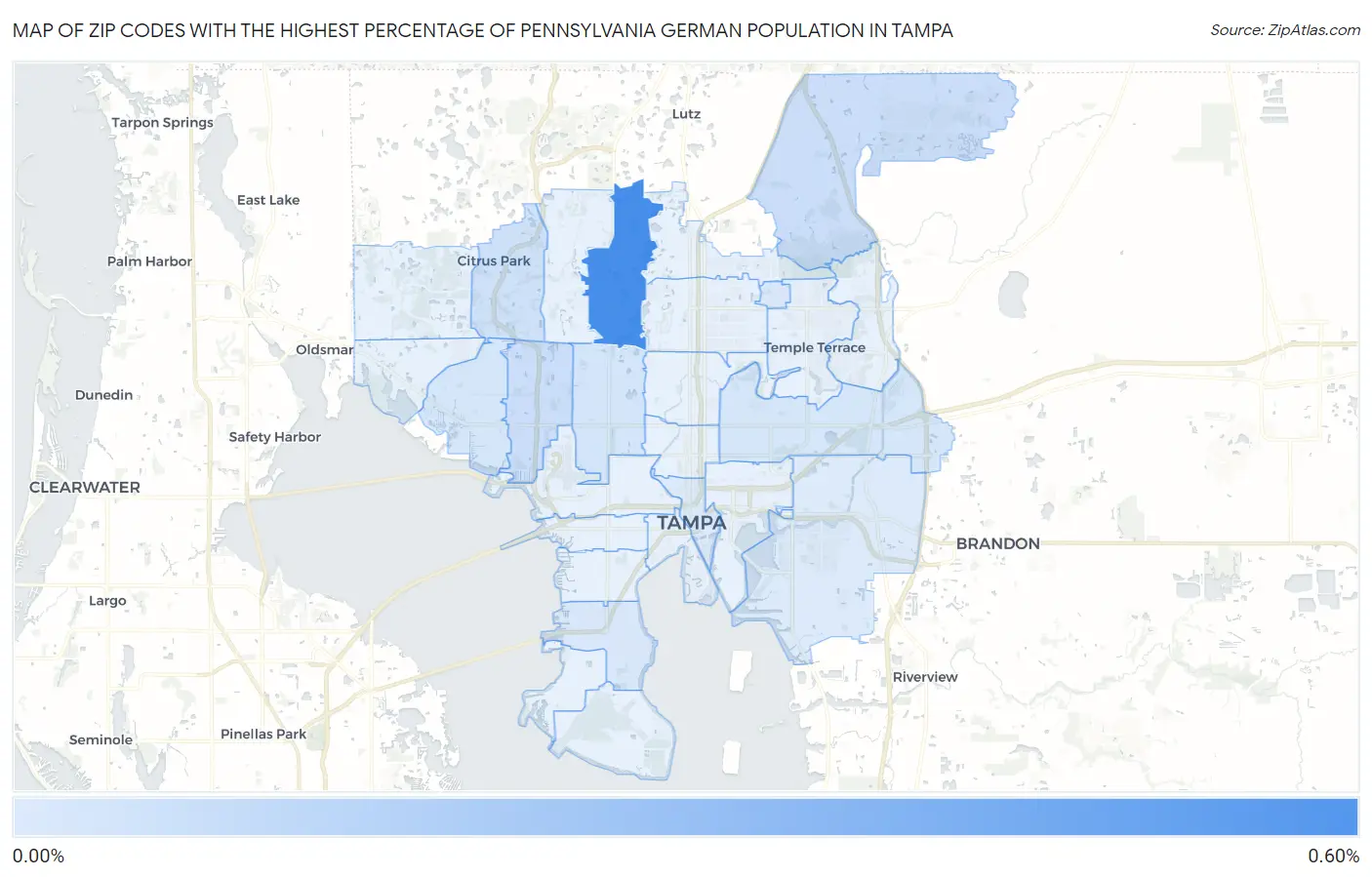Zip Codes with the Highest Percentage of Pennsylvania German Population in Tampa Map