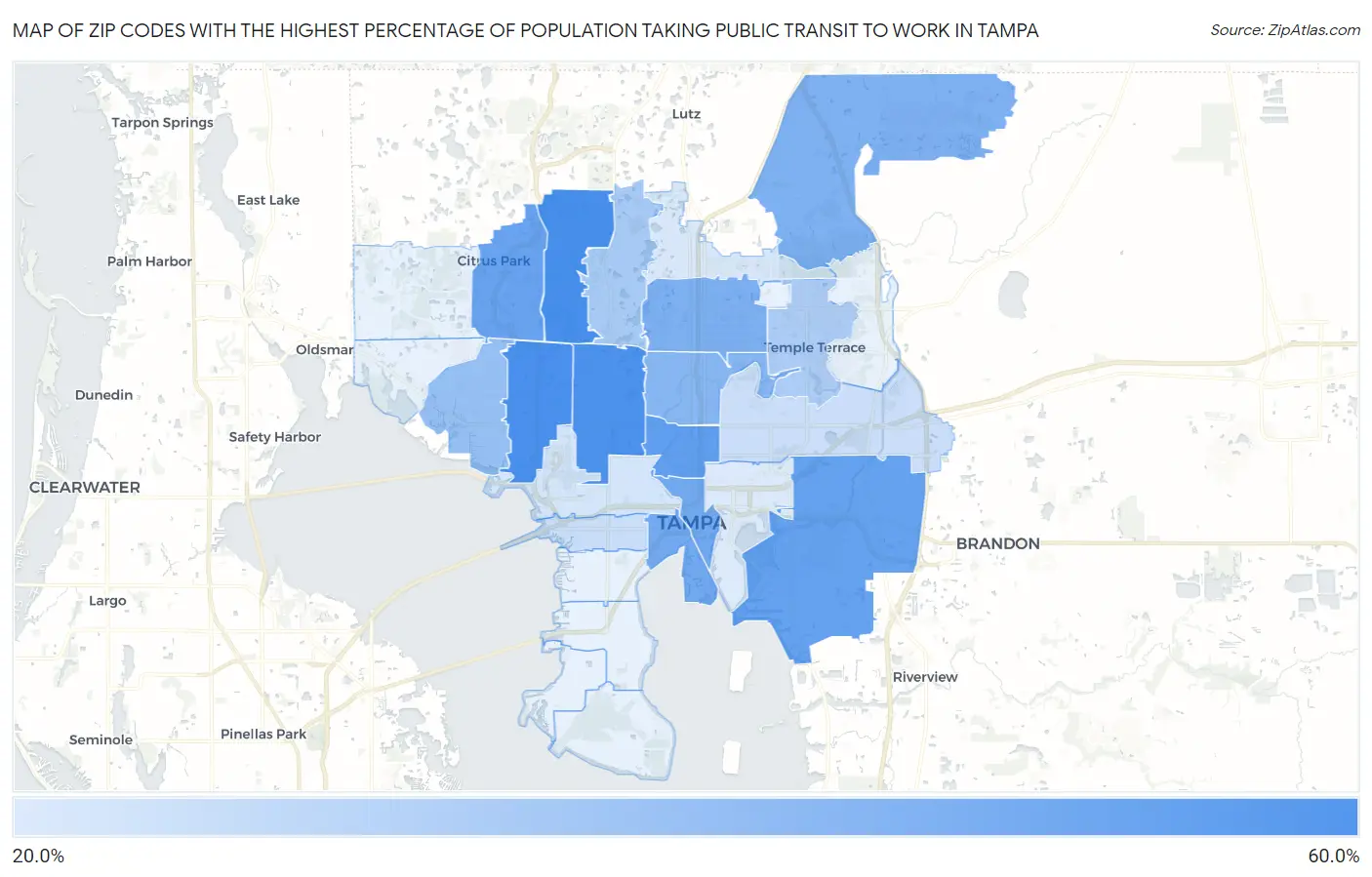 Zip Codes with the Highest Percentage of Population Taking Public Transit to Work in Tampa Map